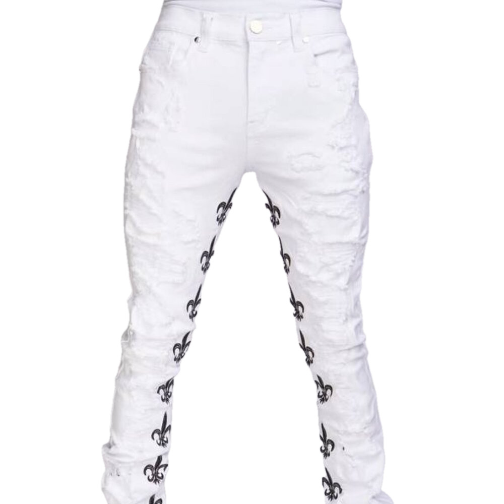NEW POLITICS JEANS Men's Pant White Barkley Stacked Embroidery 5 Pocket Size 40